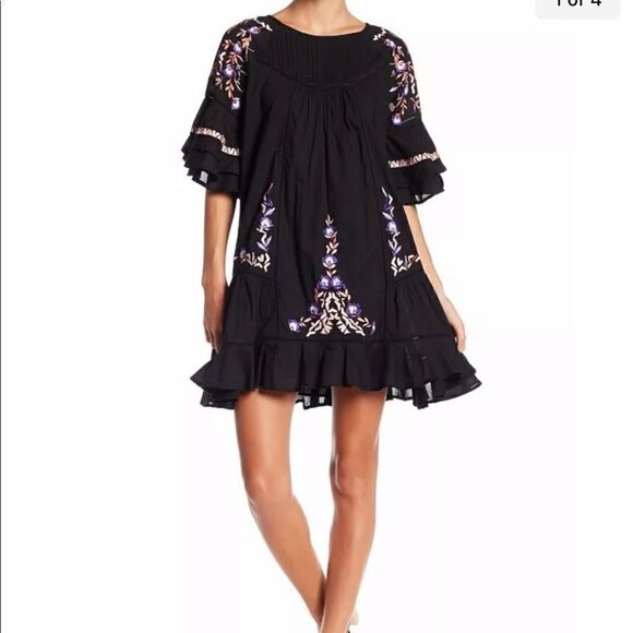 Free People Black Floral Embroidered Pavlo Mini Shift Dress XS 0 - Picture 6 of 13